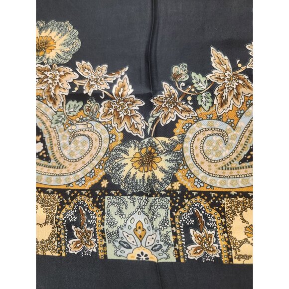Paisley Floral Silk Scarf 27" Square Black Yellow Mint Accents Hand-Rolled - Picture 6 of 14